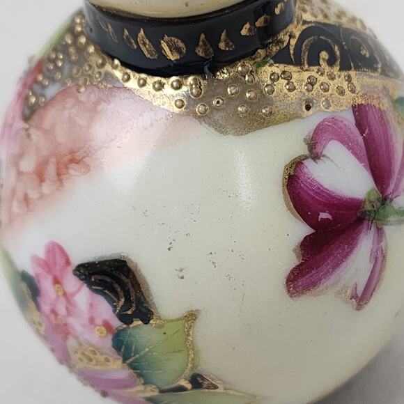 Victorian Salt & Pepper Shaker Set Moriage Floral Rose Gilt Muffineer Pink Black - Picture 10 of 11